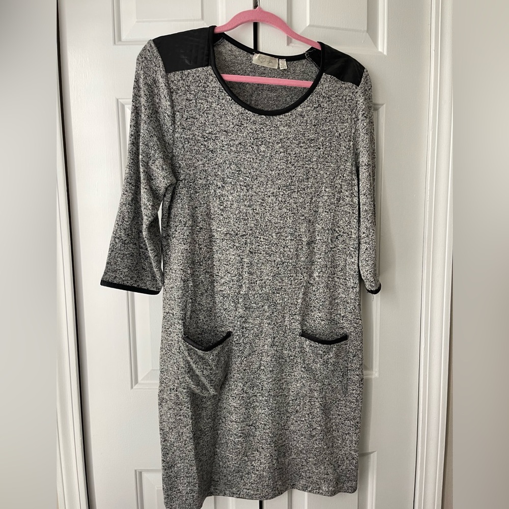 Grey sweat dress w/ faux leather trim and shoulders